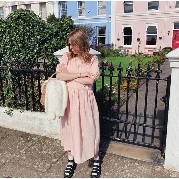 Calf-length Dress Dusty Pink Cotton M NWT Wide Cut - Picture 6 of 8